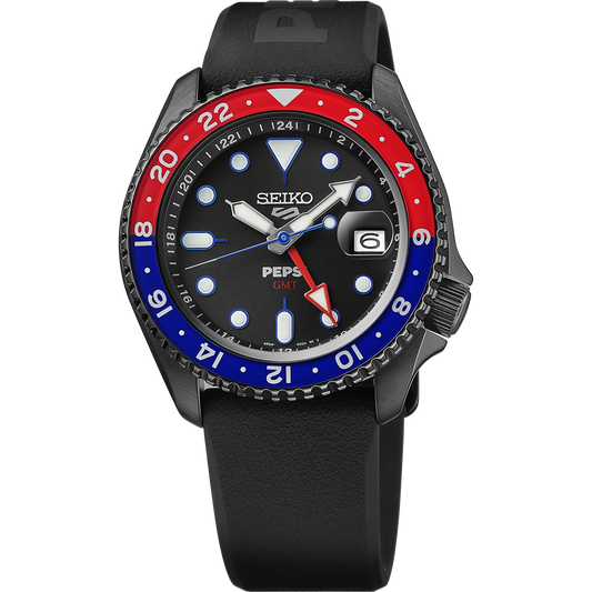 Seiko 5 Sports x Pepsi Limited Edition SSK047 automatic GMT watch. Features a 42.5 mm stainless steel case with black hard coating, black dial with blue and red Pepsi accents, and a bi-color 24-hour GMT bezel. Includes red GMT hand, luminous markers, magnified date at 3 o’clock, and see-through caseback engraved with Pepsi logo and serial number. Comes with black silicone strap, powered by Caliber 4R34 automatic GMT movement with 41-hour power reserve, and 100-meter water resistance.