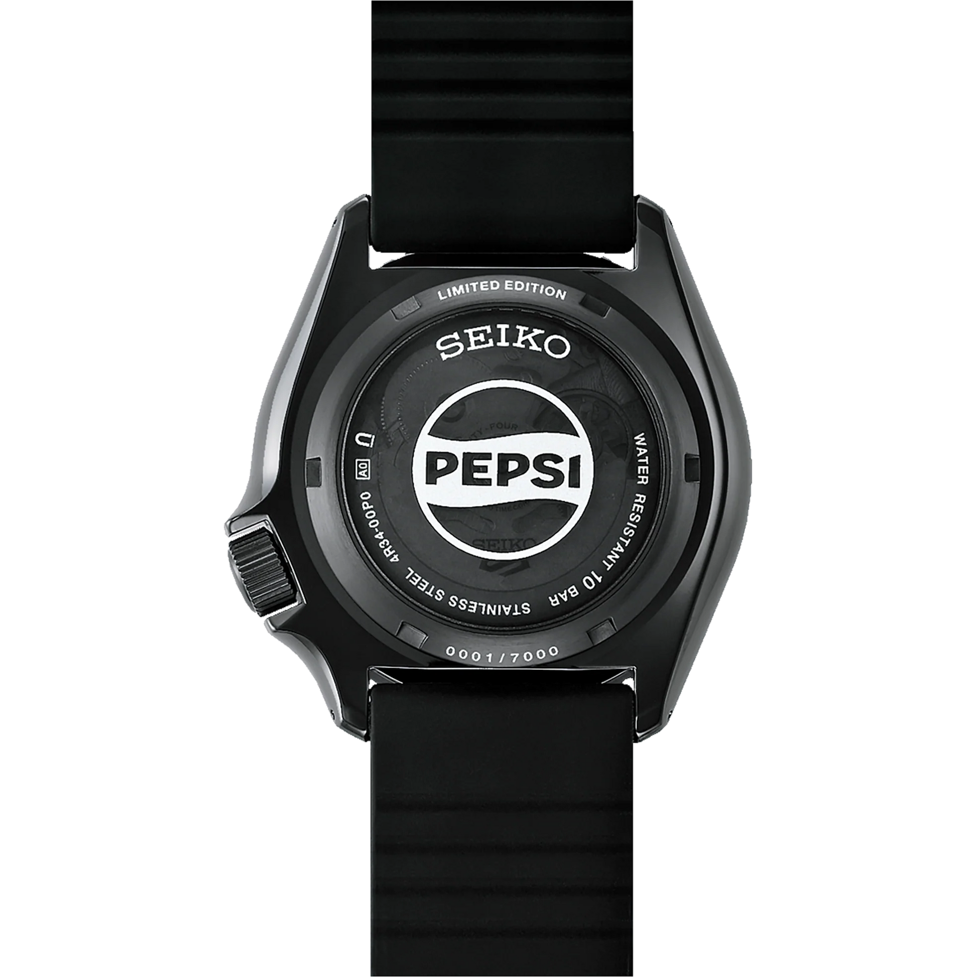 Seiko Pepsi watch with black strap and Pepsi logo on a white background