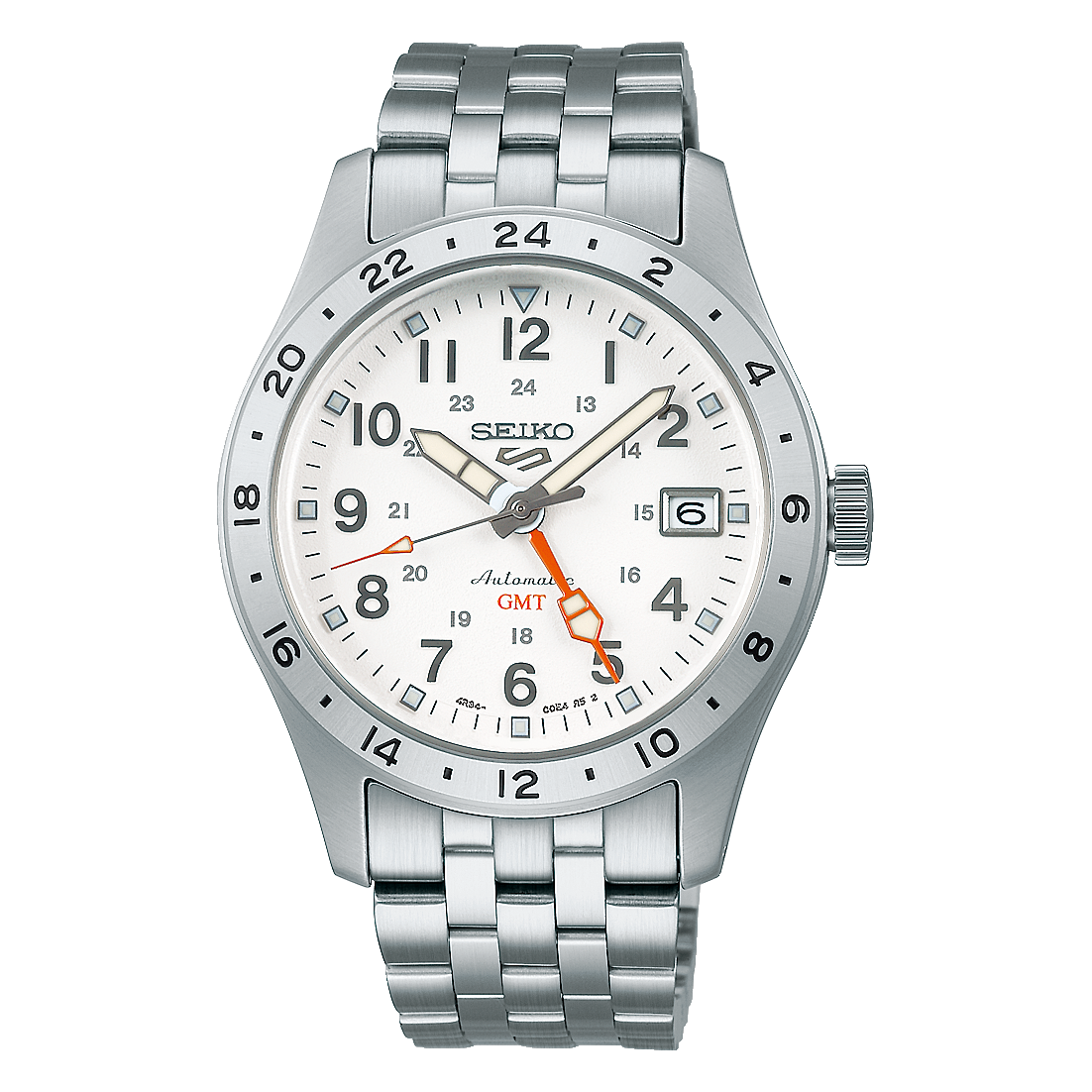 Seiko SSK059 Seiko 5 Sports Field GMT automatic watch with white dial, red-orange GMT hand, 24-hour bezel, stainless steel bracelet, and 39.4mm case.