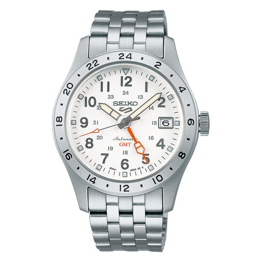 Seiko SSK059 Seiko 5 Sports Field GMT automatic watch with white dial, red-orange GMT hand, 24-hour bezel, stainless steel bracelet, and 39.4mm case.