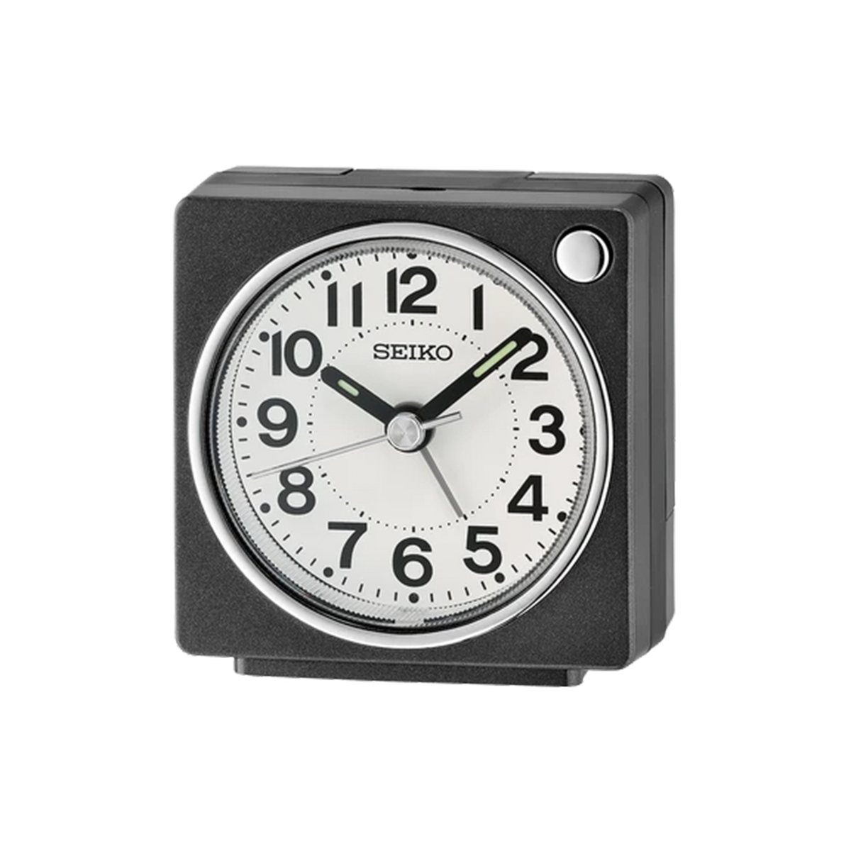 SEIKO QHE196KLH black compact bedside alarm clock with white analog dial, bold black Arabic numerals, LumiBrite-tipped hands, and square case.