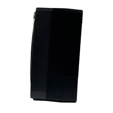 Side view of SEIKO QHE196KLH compact alarm clock showing its slim black square profile and simple bedside design.