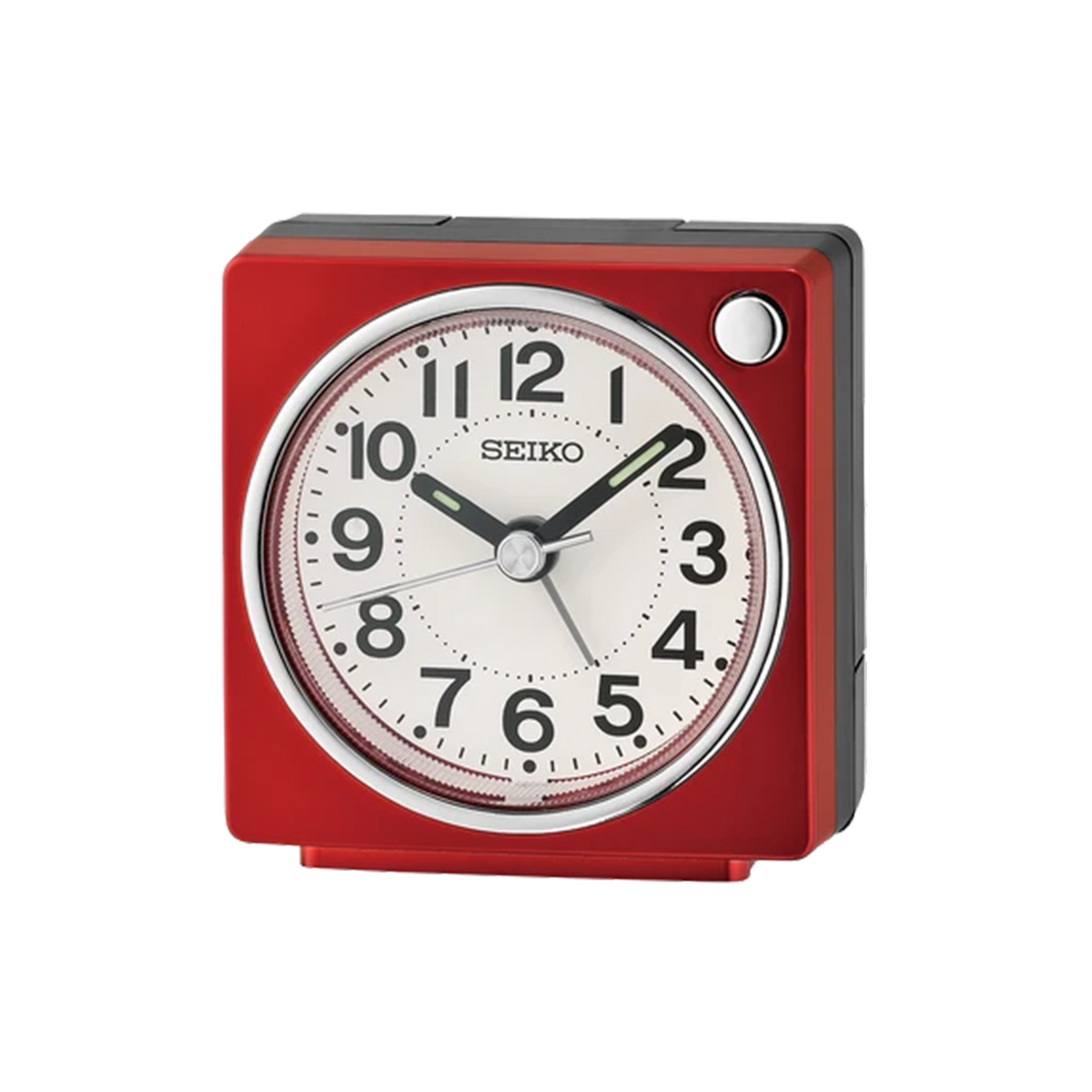 SEIKO QHE196RLH red compact bedside alarm clock with white analog dial, bold black Arabic numerals, LumiBrite-tipped hands, and square case.