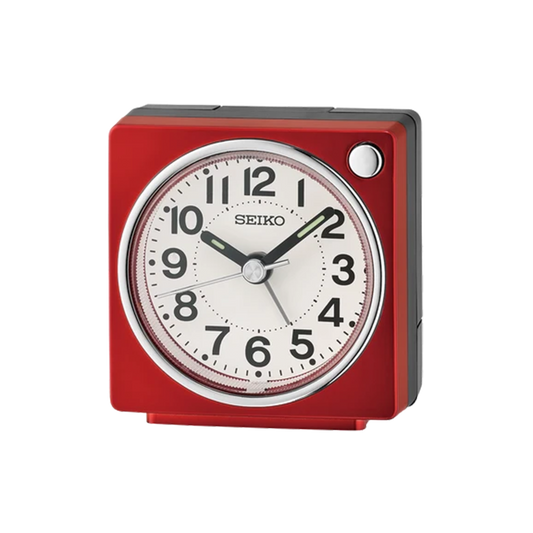 SEIKO QHE196RLH red compact bedside alarm clock with white analog dial, bold black Arabic numerals, LumiBrite-tipped hands, and square case.