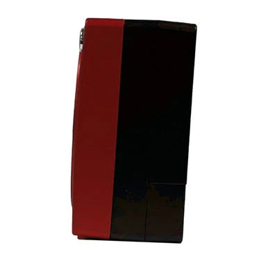 Side view of SEIKO QHE196RLH compact alarm clock showing red front case, black back panel, and slim square profile.