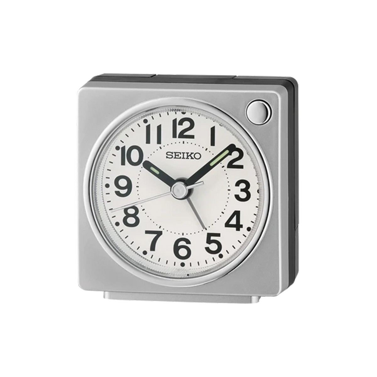 SEIKO QHE196SLH compact bedside alarm clock with silver square case, white analog dial, bold black numbers, LumiBrite-tipped hands, and quiet sweep second hand.