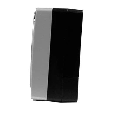 Side view of SEIKO QHE196SLH compact alarm clock showing slim silver front case, black back panel, and small bedside-friendly profile.