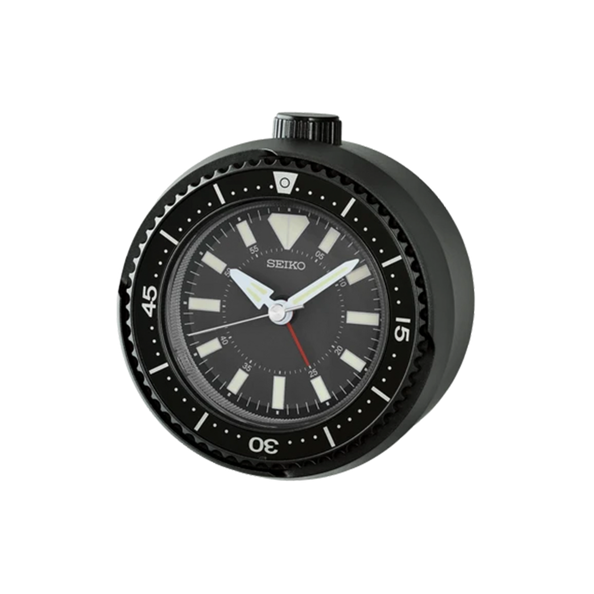 SEIKO QHE207KLH rotating bezel alarm clock with dark metallic case, black analog dial, bold markers, and sporty watch-inspired design.