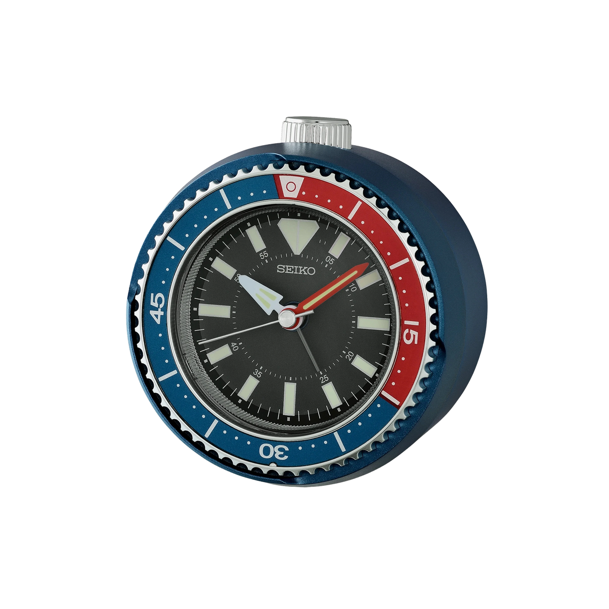SEIKO QHE207LLH rotating bezel alarm clock with blue metallic case, red and blue bezel, dark analog dial, and diver watch-inspired design.