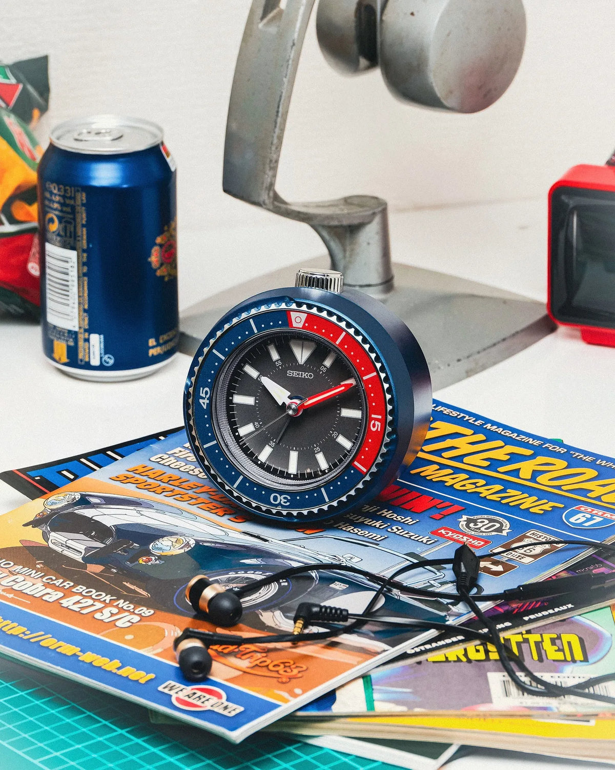 SEIKO Heritage Design rotating bezel alarm clocks featuring white, blue, and black watch-inspired desk clock styles.