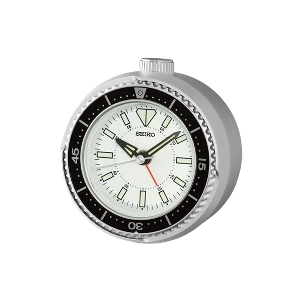 SEIKO QHE207SLH rotating bezel alarm clock with silver-gray case, white analog dial, black bezel, LumiBrite markers, and diver watch-inspired design.