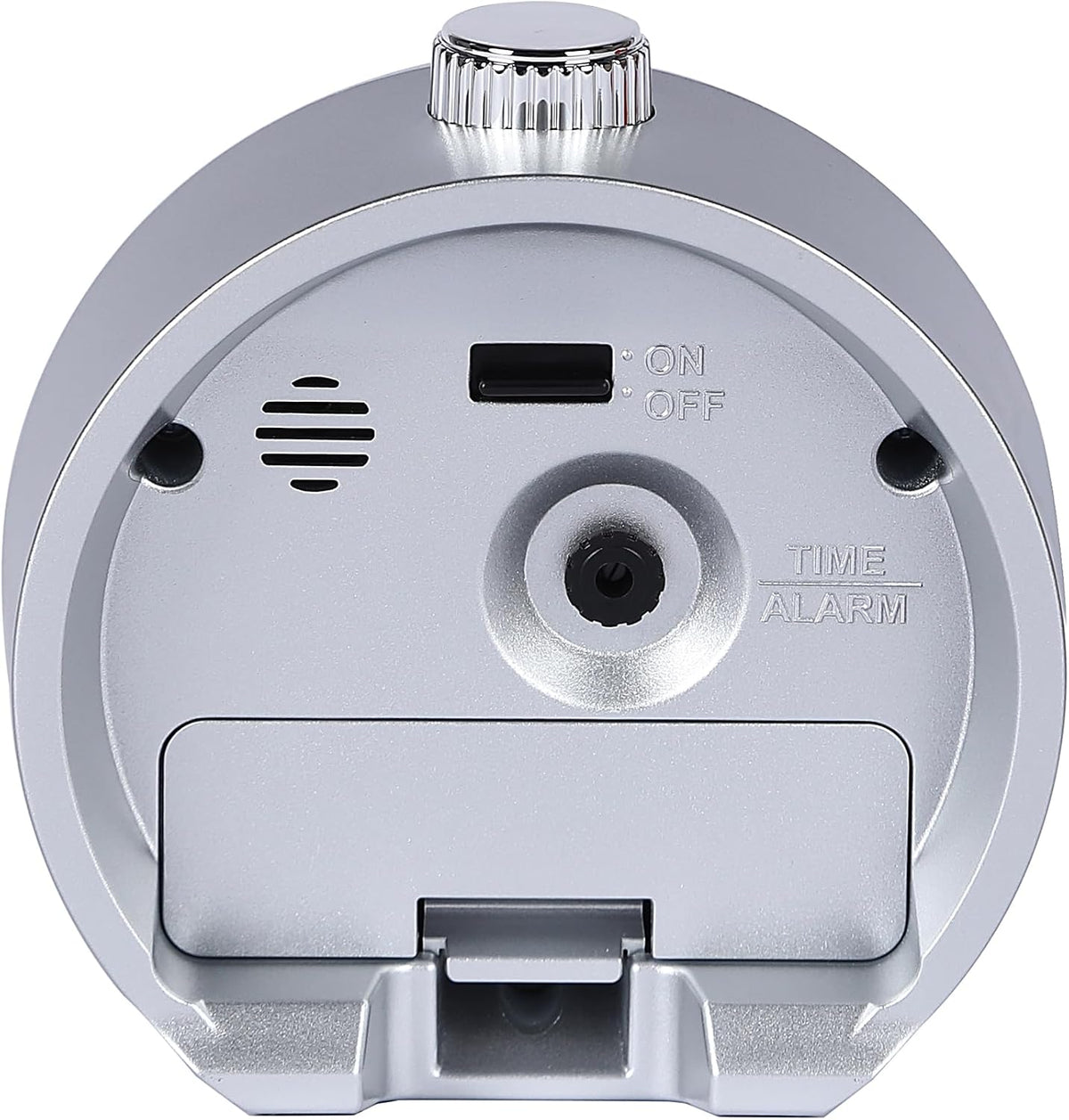 Back view of SEIKO QHE207KLH alarm clock showing black rear case, time and alarm controls, speaker opening, and on/off switch.