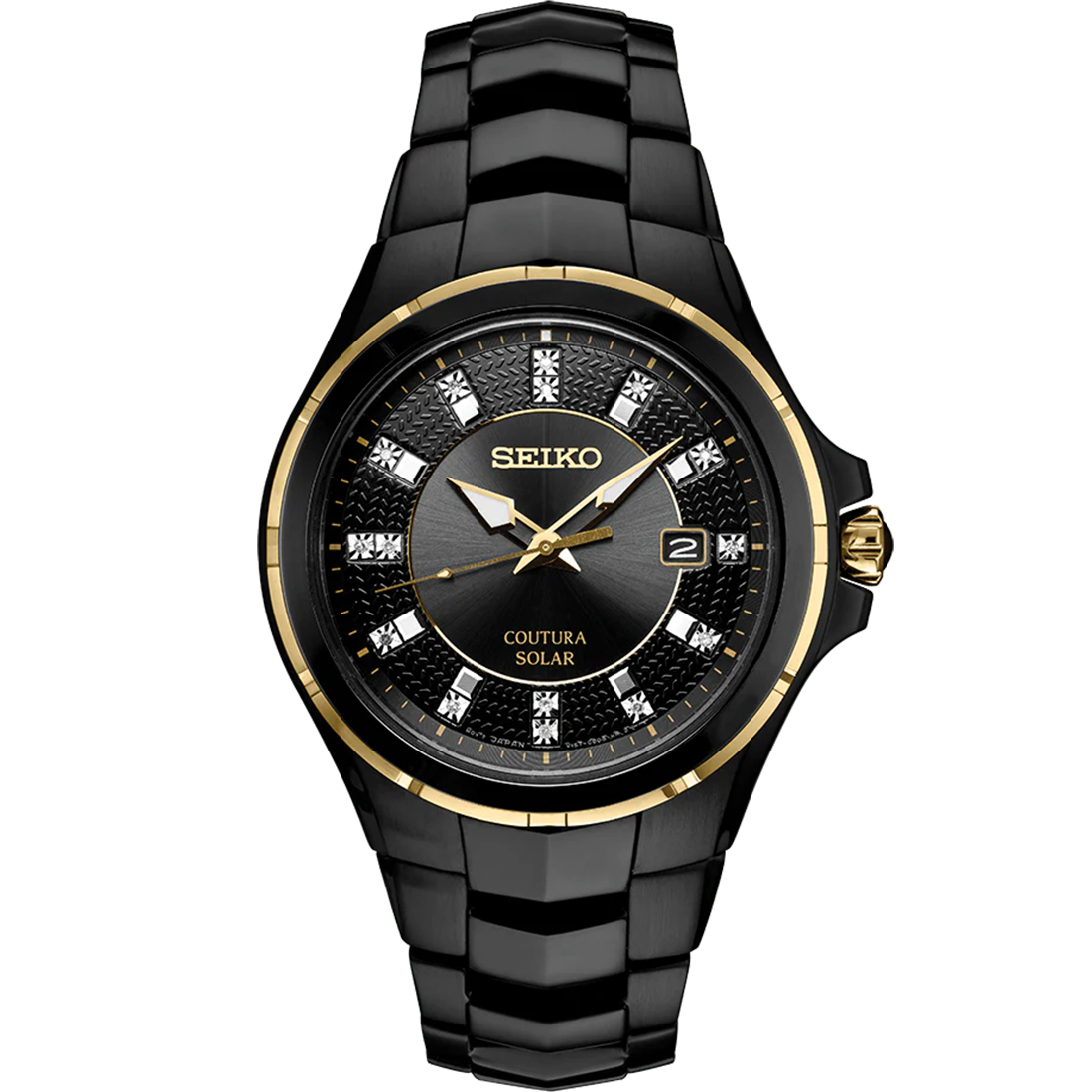Seiko Coutura SNE506 men’s solar watch with black ion-plated stainless steel case, gold accents, black sunray dial with 15 diamond markers, and black stainless steel bracelet.