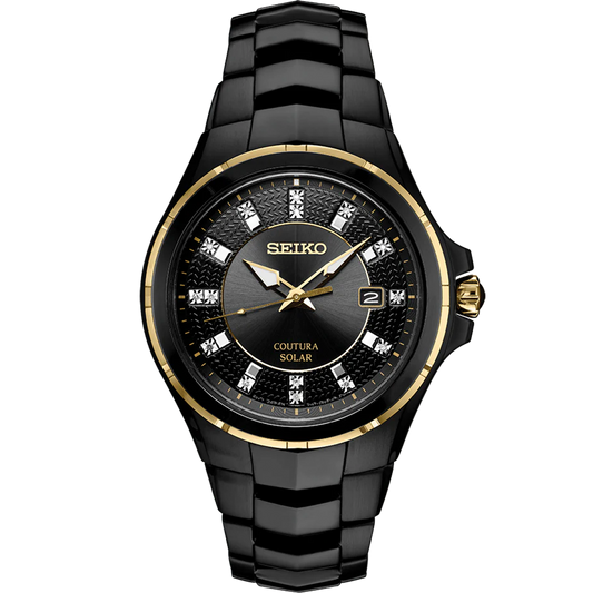 Seiko Coutura SNE506 men’s solar watch with black ion-plated stainless steel case, gold accents, black sunray dial with 15 diamond markers, and black stainless steel bracelet.