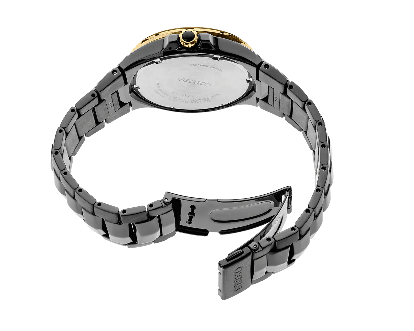 Seiko watch with metal band on a white background