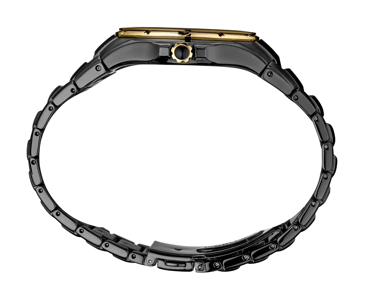Black and gold watch case on a white background