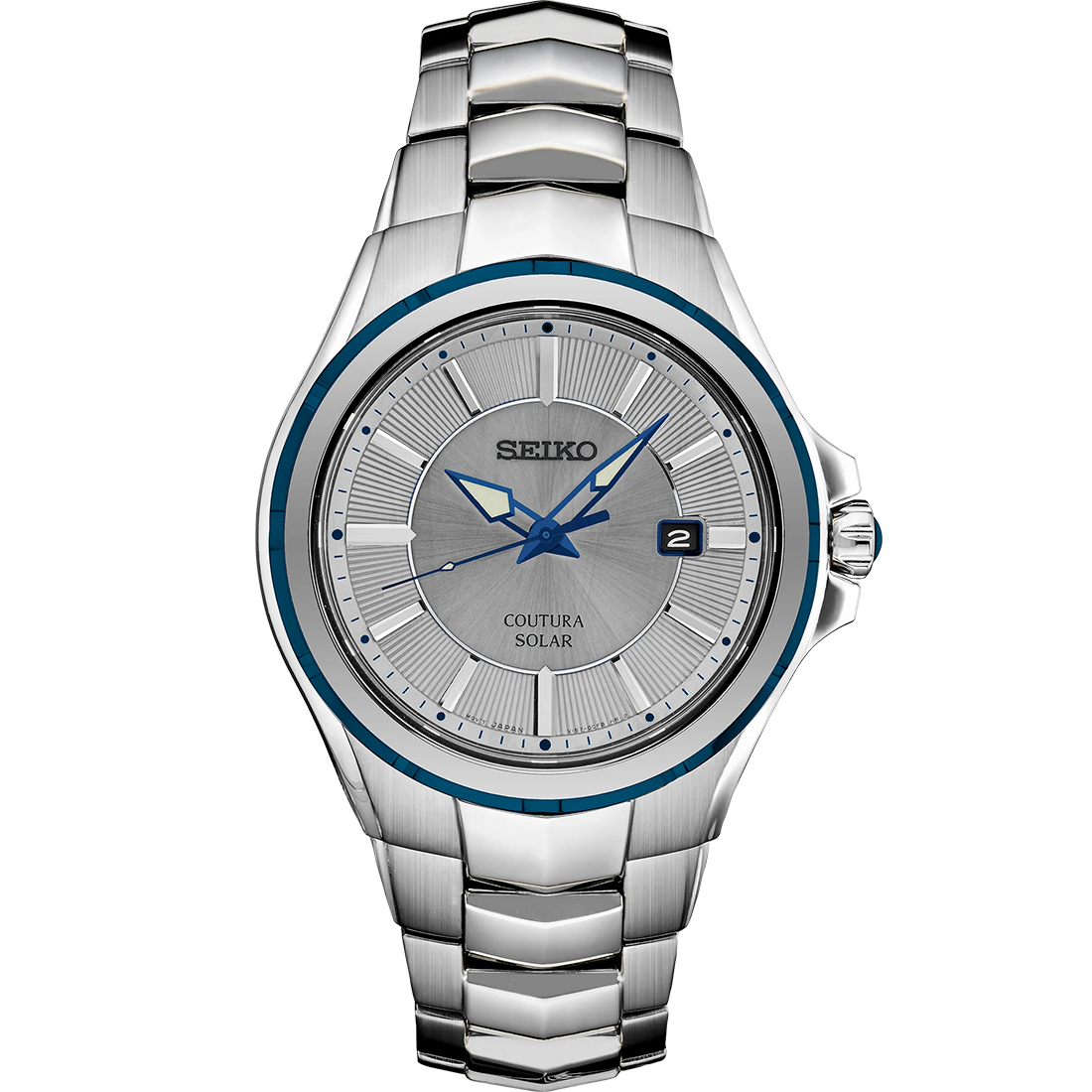 Seiko Coutura SNE565 solar watch with gray textured dial, blue accents, blue ion-finish bezel, stainless steel case and bracelet, and date display