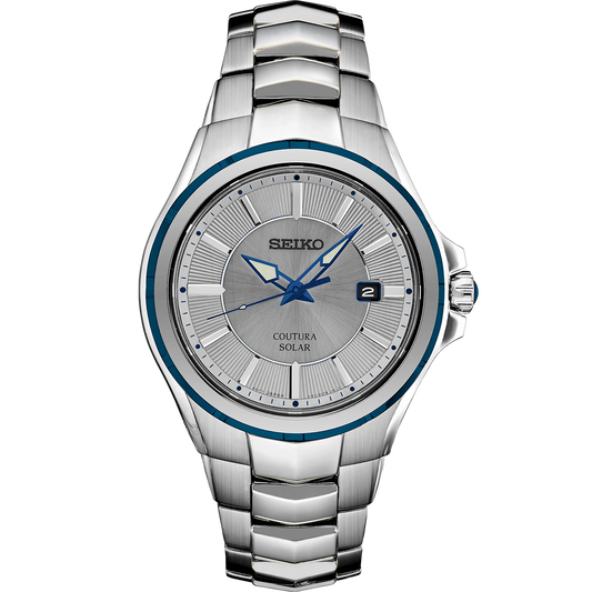 Seiko Coutura SNE565 solar watch with gray textured dial, blue accents, blue ion-finish bezel, stainless steel case and bracelet, and date display