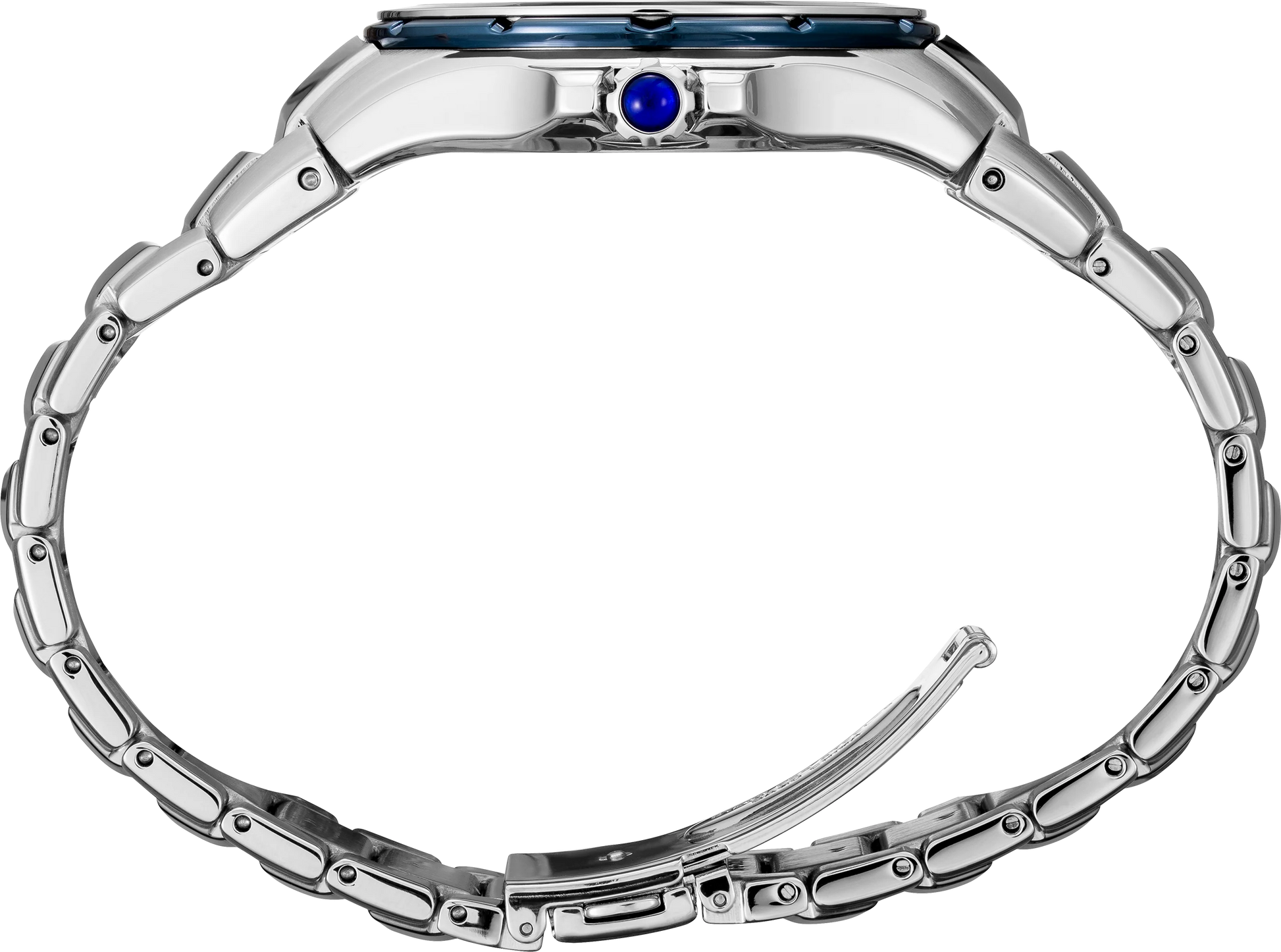 Silver bracelet with blue gemstone on a white background