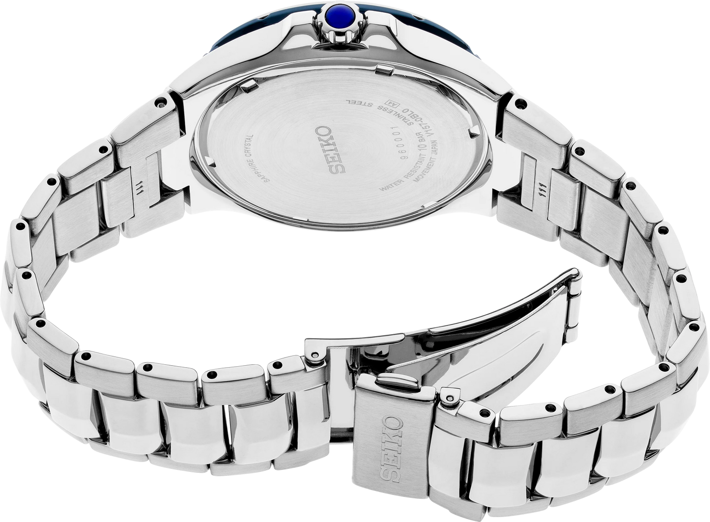 Silver watch with a blue gemstone on a white background