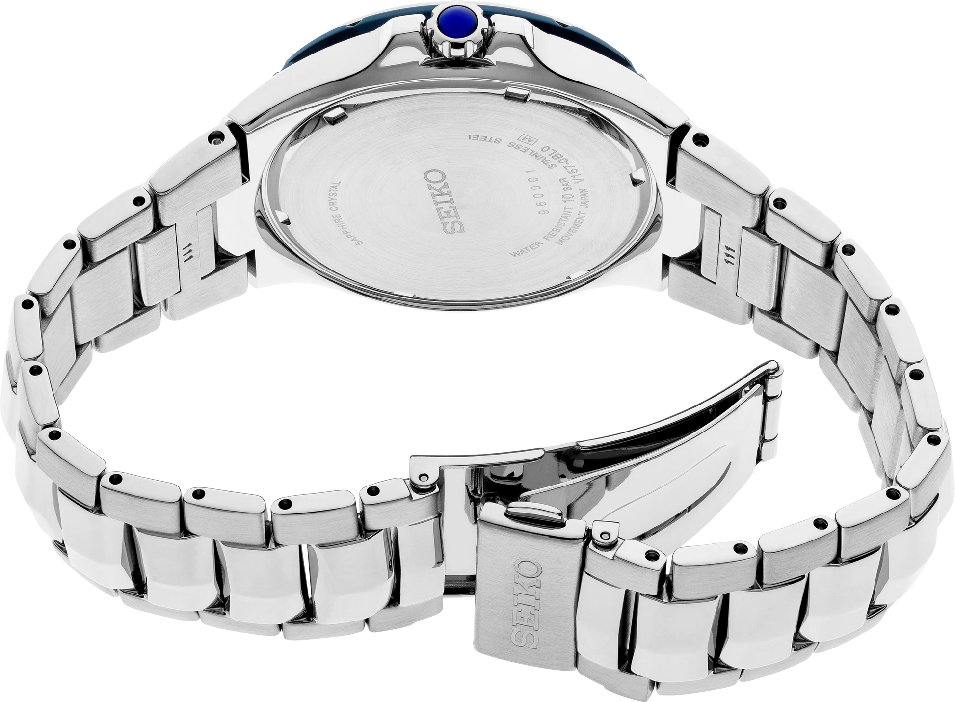 Silver watch with a blue gemstone on a white background