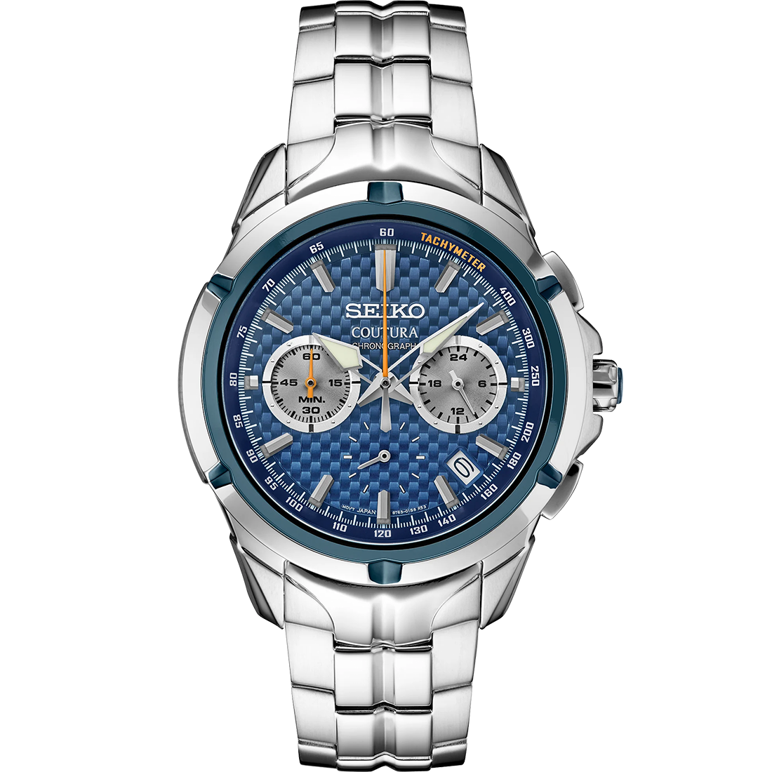 A SEIKO Coutura quartz chronograph watch with a blue carbon-fiber patterned dial, stainless steel bracelet, and a silver case.