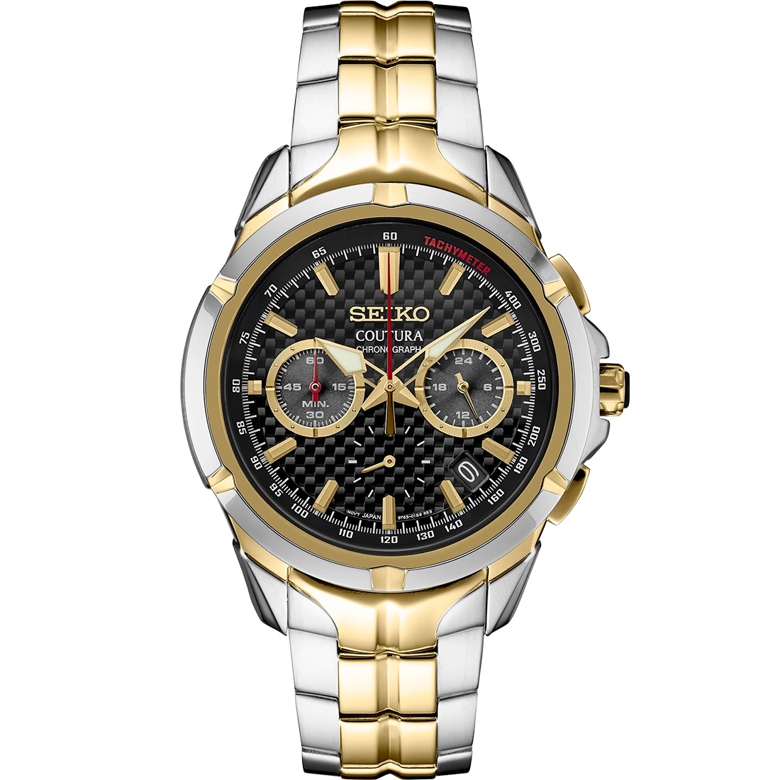 A SEIKO COUTURA SSB434 watch with a black dial, gold accents, and a stainless steel bracelet.