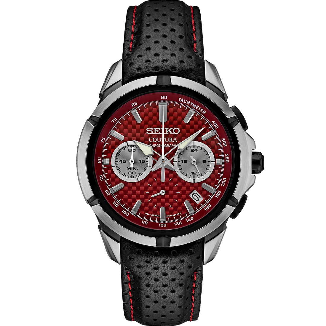 A SEIKO COUTURA quartz chronograph watch with a red dial, black strap, and silver case. Features include multiple subdials, a tachymeter, and a date calendar.
