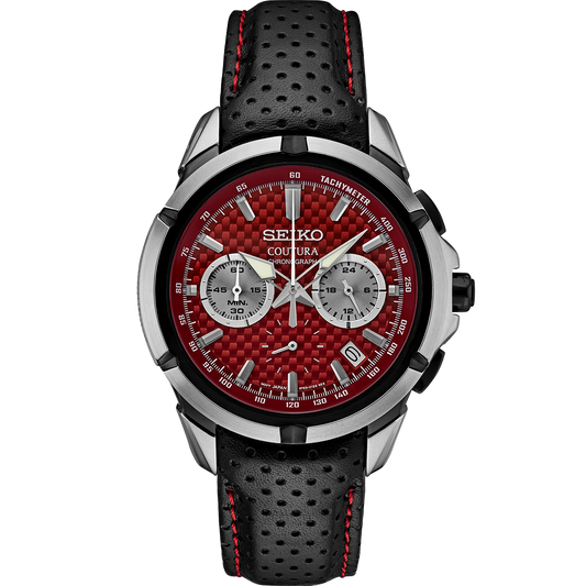 A SEIKO COUTURA quartz chronograph watch with a red dial, black strap, and silver case. Features include multiple subdials, a tachymeter, and a date calendar.