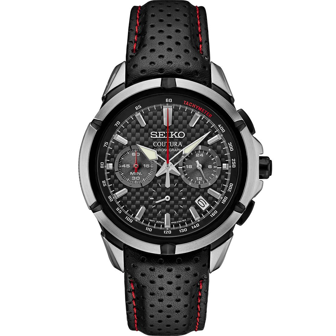 A SEIKO COUTURA SSB437 watch with a black perforated leather strap, black dial with carbon-fiber pattern, and silver subdials. The watch has a stainless steel case and a sapphire crystal cover.