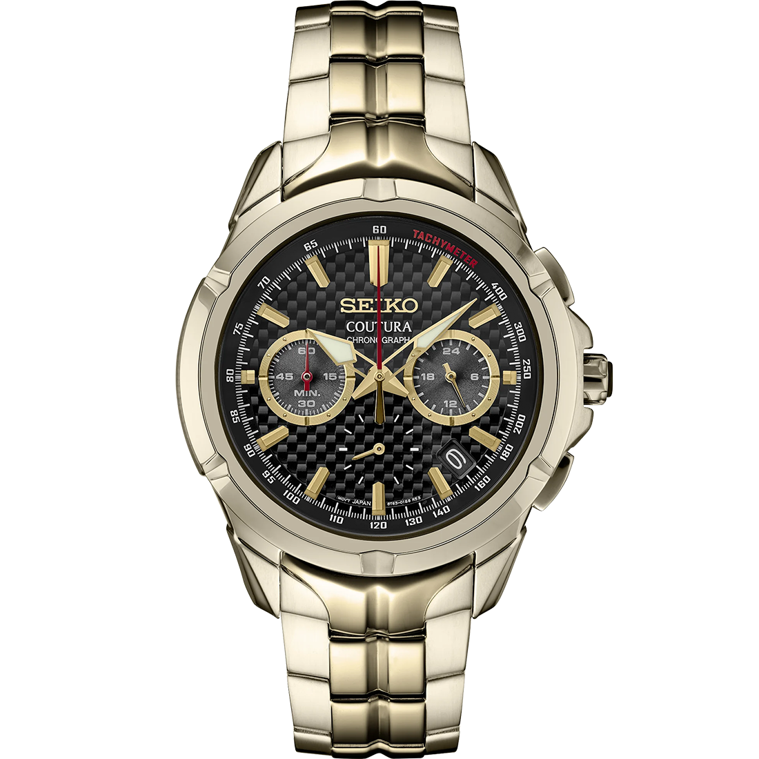 A SEIKO COUTURA SSB438 watch with a stainless steel bracelet and a light gold finish, featuring a black dial with gold accents and a date calendar.