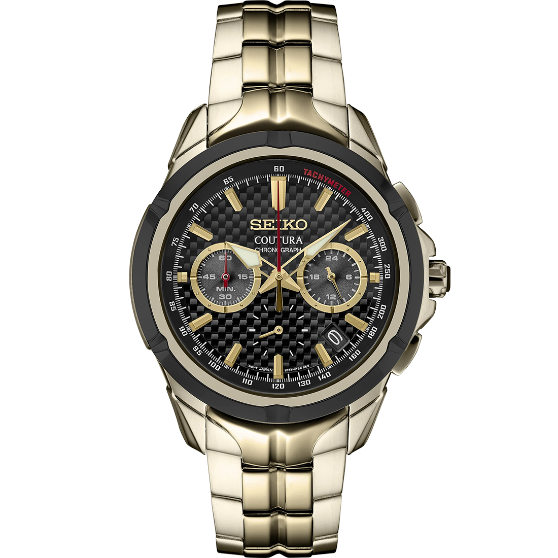 A SEIKO COUTURA SSB440 watch with a black dial, gold case, and stainless steel bracelet, featuring a chronograph function and multiple subdials.