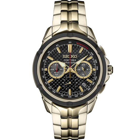 A SEIKO COUTURA SSB440 watch with a black dial, gold case, and stainless steel bracelet, featuring a chronograph function and multiple subdials.