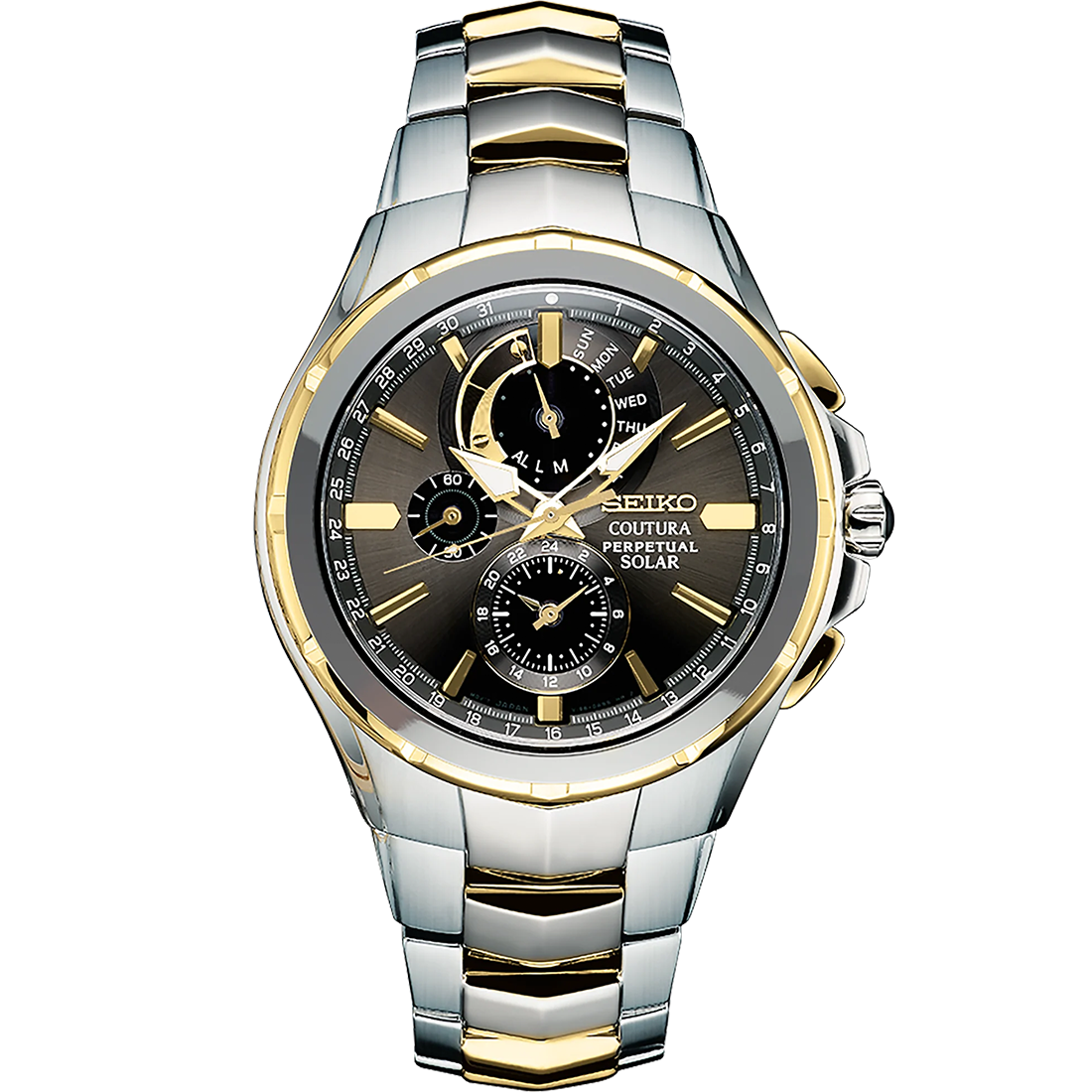 Seiko Coutura SSC376 solar perpetual chronograph watch with gray dial, two-tone stainless steel case and bracelet, gold accents, sapphire crystal, and perpetual calendar display.