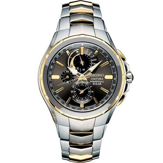 Seiko Coutura SSC376 solar perpetual chronograph watch with gray dial, two-tone stainless steel case and bracelet, gold accents, sapphire crystal, and perpetual calendar display.