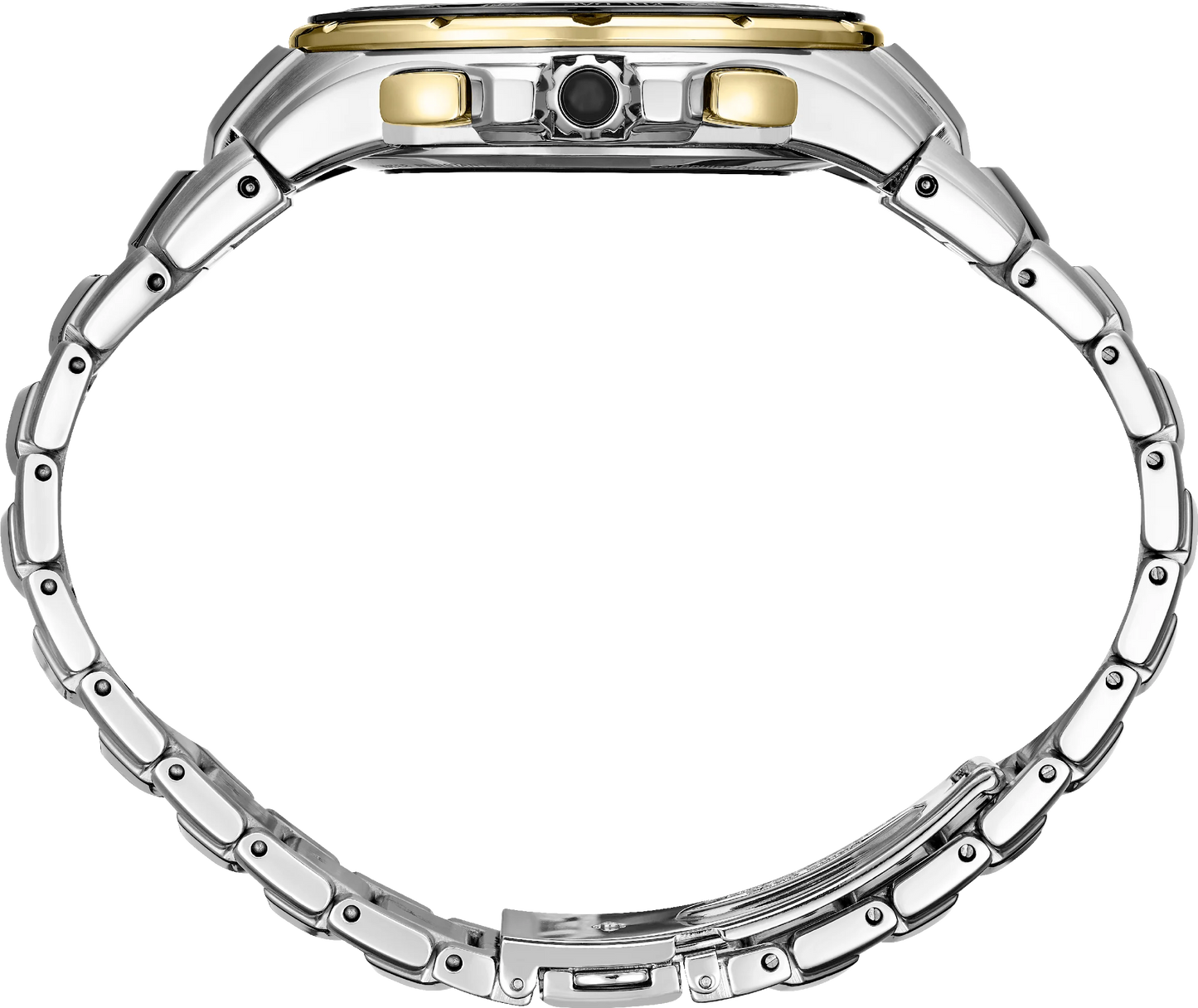 Close-up of a silver watch band with gold accents on a white background