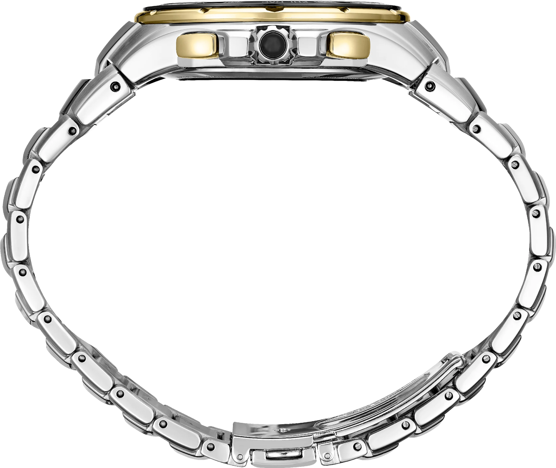 Close-up of a silver watch band with gold accents on a white background