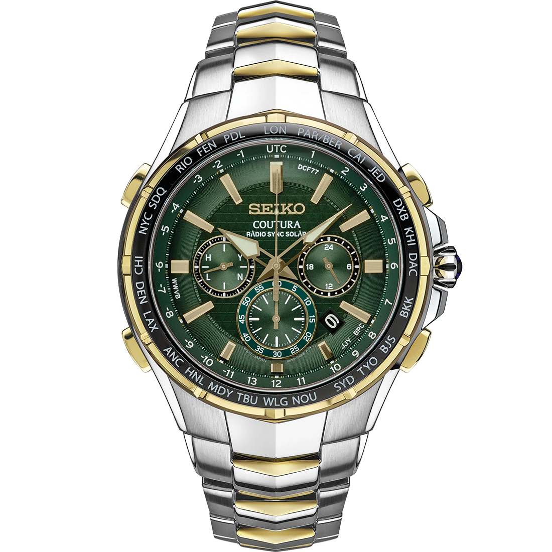 Seiko Coutura SSG022 Radio Sync Solar chronograph watch with green sunray dial, two-tone stainless steel case and bracelet, gold accents, world time bezel, sapphire crystal, and radio-controlled timekeeping.”