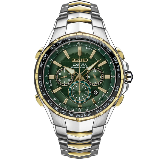 Seiko Coutura SSG022 Radio Sync Solar chronograph watch with green sunray dial, two-tone stainless steel case and bracelet, gold accents, world time bezel, sapphire crystal, and radio-controlled timekeeping.”