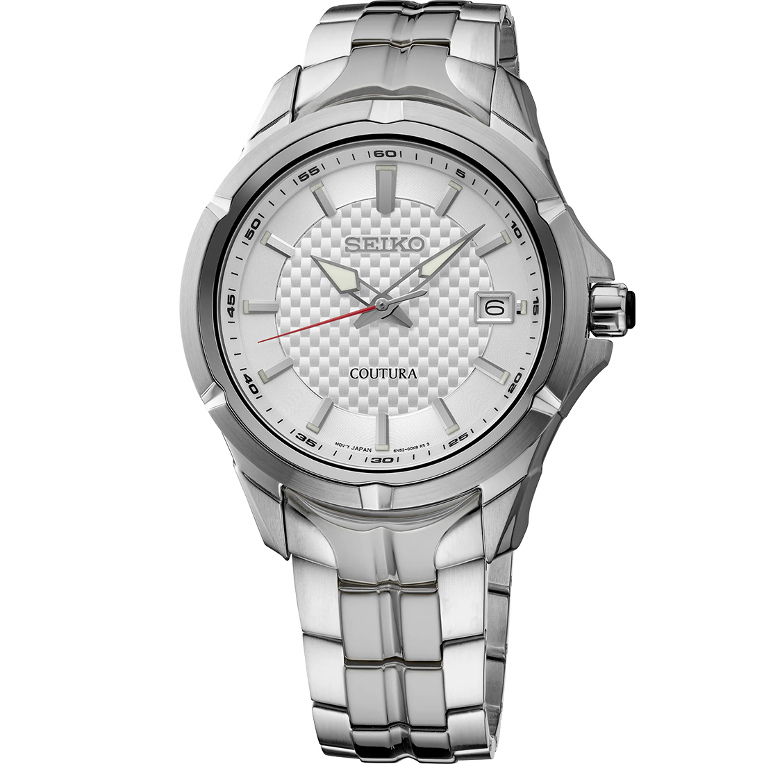 Silver Seiko watch with a white face on a white background