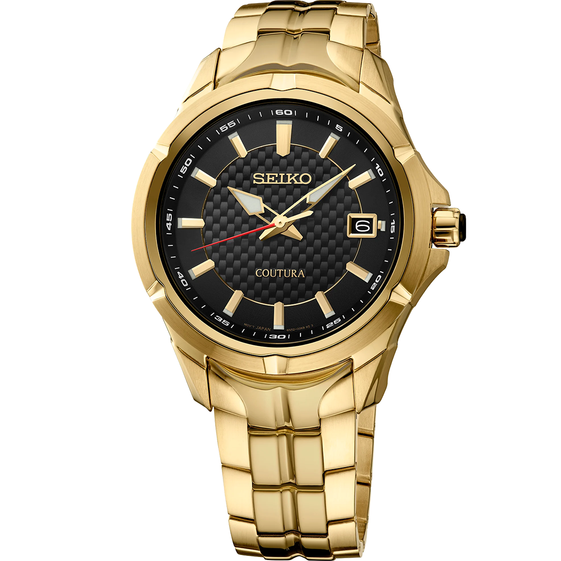 A gold-toned SEIKO COUTURA SUR566 watch with a black carbon-fiber patterned dial, stainless steel bracelet, and a gold finish on the case.