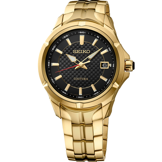 A gold-toned SEIKO COUTURA SUR566 watch with a black carbon-fiber patterned dial, stainless steel bracelet, and a gold finish on the case.