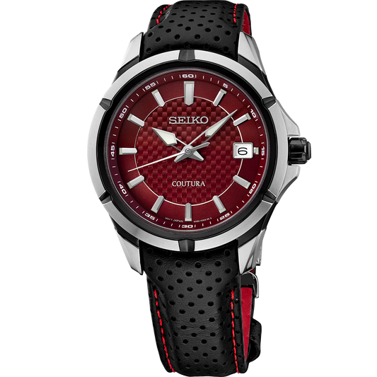A SEIKO COUTURA SUR567 watch with a red carbon-fiber patterned dial, black case, and black perforated leather strap with red stitching.