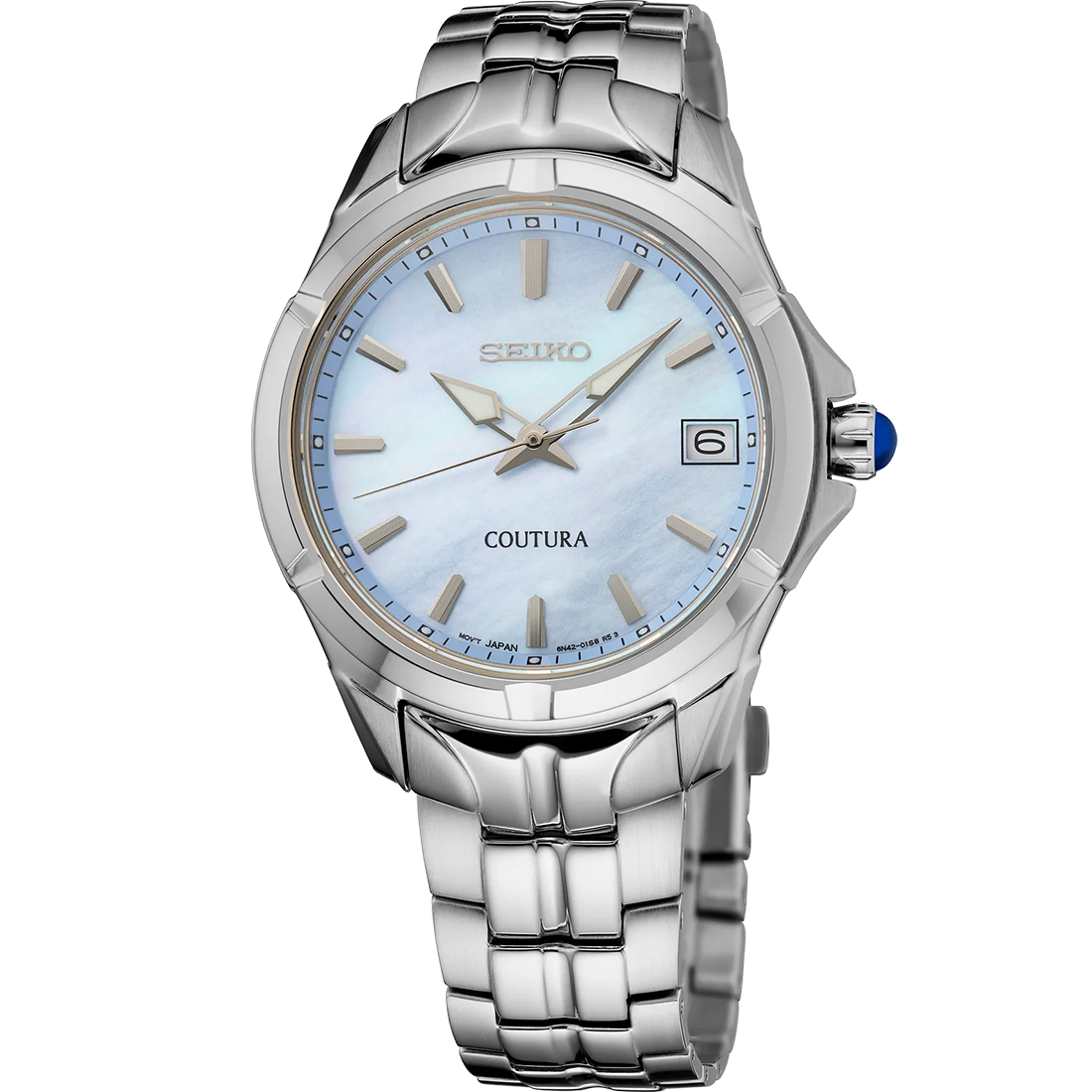 A SEIKO COUTURA SUR583 watch with a light blue mother-of-pearl dial, silver case, and stainless steel bracelet.