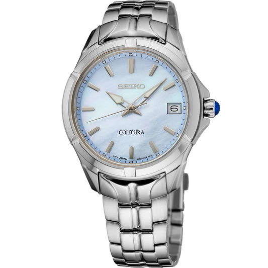 A SEIKO COUTURA SUR583 watch with a light blue mother-of-pearl dial, silver case, and stainless steel bracelet.