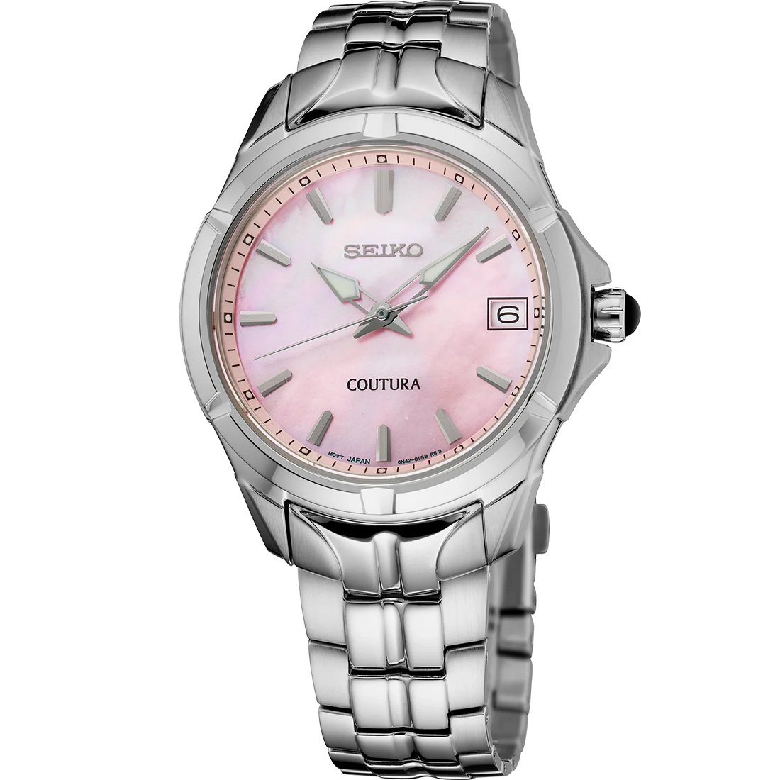 A SEIKO COUTURA SUR585 watch with a pink mother-of-pearl dial, stainless steel bracelet, and a silver case.