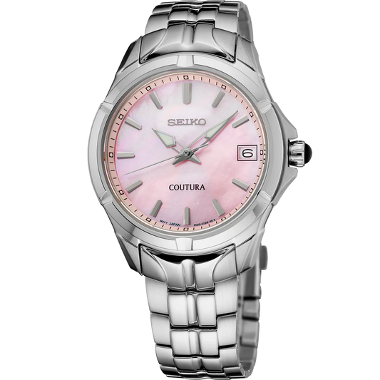 A SEIKO COUTURA SUR585 watch with a pink mother-of-pearl dial, stainless steel bracelet, and a silver case.