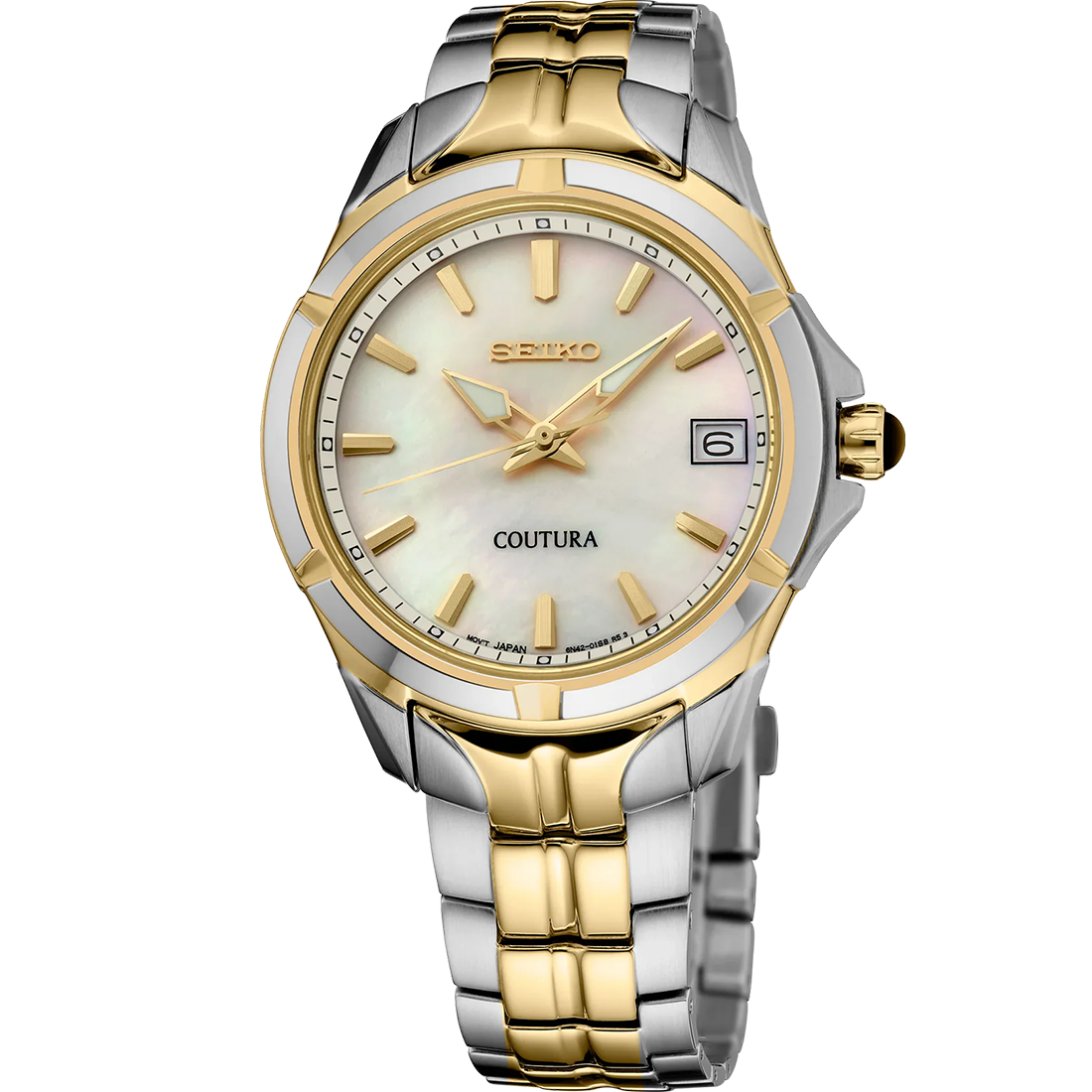 A SEIKO COUTURA SUR586 watch with a white mother-of-pearl dial, gold indices, and a stainless steel bracelet.