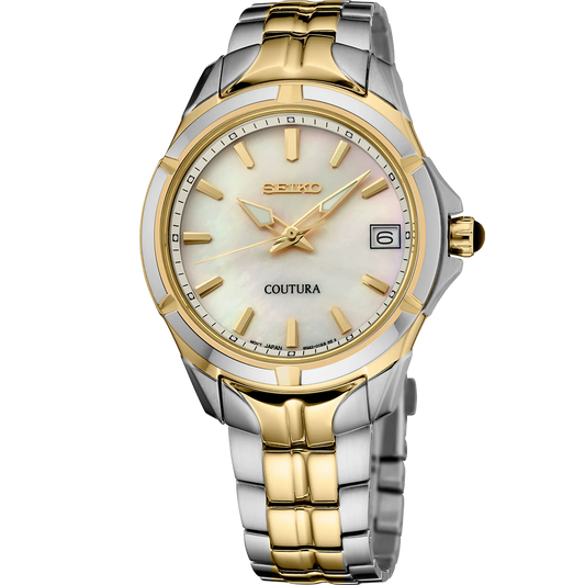 A SEIKO COUTURA SUR586 watch with a white mother-of-pearl dial, gold indices, and a stainless steel bracelet.