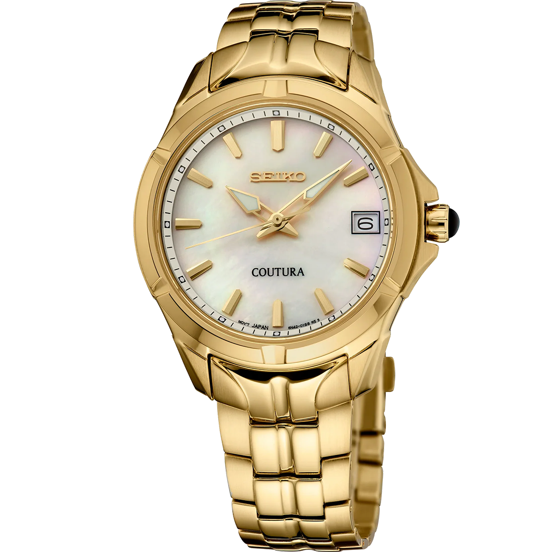 A gold-toned SEIKO COUTURA SUR588 watch with a white mother-of-pearl dial, gold applied indices, and a stainless steel bracelet.